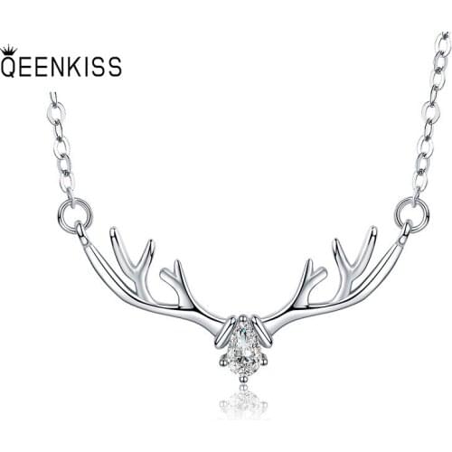 QUEENKISS NC665 Fion Jewelry Wholesale Fashion Lady Girl Birthday Wedding Antlers AAA Zircon 18KT White Gold Pendant Necklace