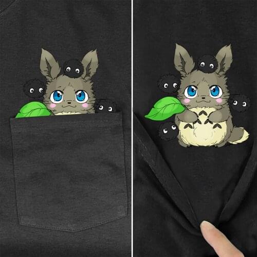 CLOOCL Funny Cotton T-Shirt Pocket Cute My Neighbor Totoro Printed TShirt Harajuku Style Casual Tee Hip Hop Black Cotton TShirt