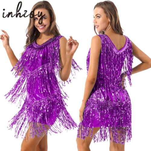 Women V-Neck Sleeveless Sparkling Sequins Tassels Fringe Ballroom Samba Tango Latin Dance Dress Stage Performance Rave Costume
