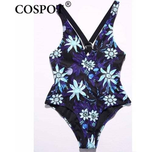 COSPOT Women Swimsuit Floral Print One Piece Monokini Hollow Swimwear Overalls Plunge Cross Back Bathing Suit Bodysuit Beachwear
