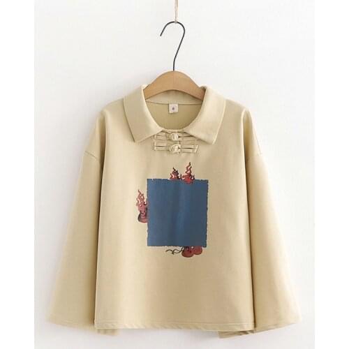 Women Print Sweatshirt 2020 Autumn Japan Style Turn-down Collar Buckle Pullover Loose Long Sleeve Casual Tracksuit