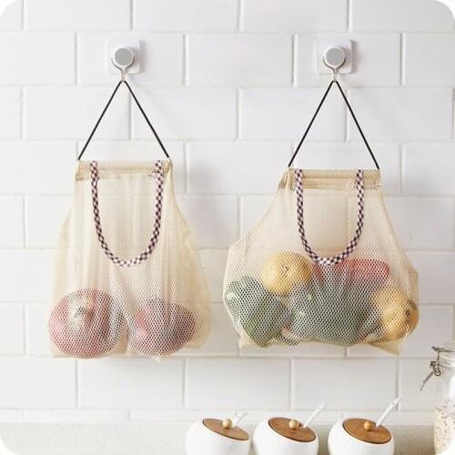 1PC Vegetable Hanging Storage Bag Hollow Breathable Reusable Mesh Bag Kitchen Garlic Onion Vegetable Sorting Bag Mesh Pocket