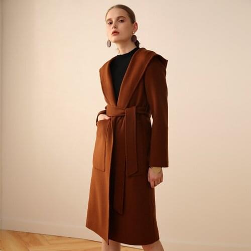 2020 Fashion Double-sided Wool Coat Female Long Autumn Winter Jacket Women Loose 100% Wool Coats Hooded With Belt 1710