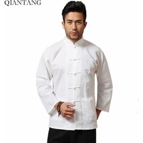 White Men Cotton Linen Long sleeve Kung Fu Shirt Classic Chinese Style Tang Clothing Size S M L XL XXL XXXL hombre Camisa Mim902