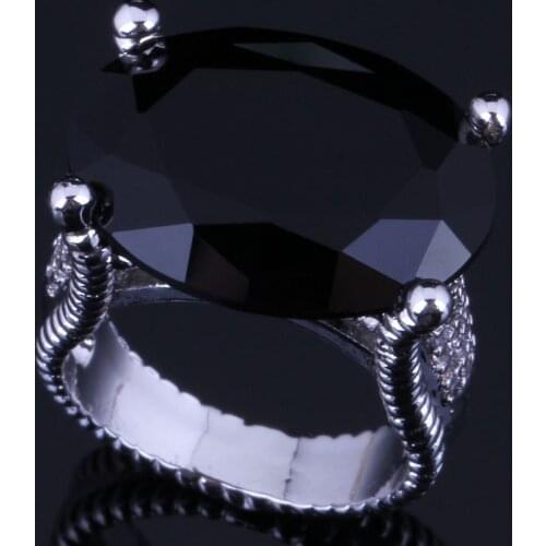 Noblest Huge Oval Egg Black Cubic Zirconia Silver Plated Ring V0574