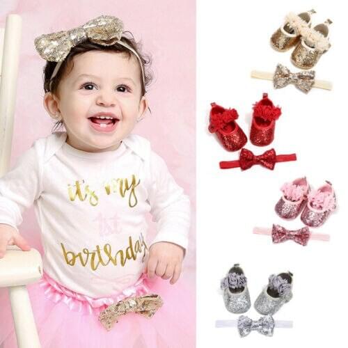 2019 New Bling Sparkle Sequins PU Infant Newborn Baby Girls Crib Shoes Headband Princess 3D Flower Rose Baby Shoes 0-18M
