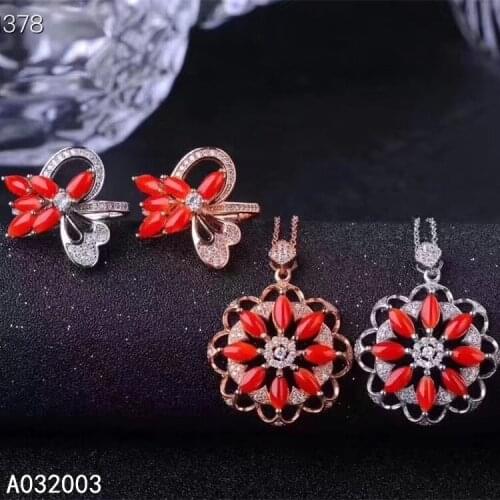 KJJEAXCMY Fine Jewelry 925 sterling silver inlaid natural red coral female ring pendant set trendy Support detection