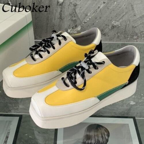 Fashion Brand Square Toe Women Sneakers Lace Up Thick Sole Patchwork Ladies Loafers Spring Summer Out Walk Shoes For Women Mujer