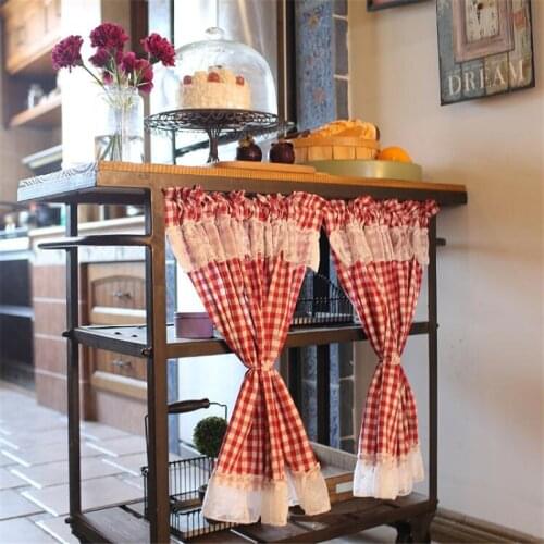 Free Shipping Lovely Red Grid Half Curtain Lace Coffee Curtain Kitchen Short Small Wardrobe Cupboard Shades Home Window Closet