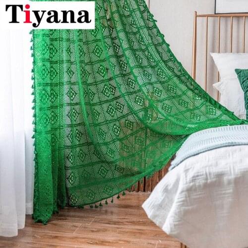 Tiyana Green Lace Curtains For Living Room Crocheted Sheer Curtains Tassel Pink Tulle Girls Room Kitchen Wedding Decor M182-2