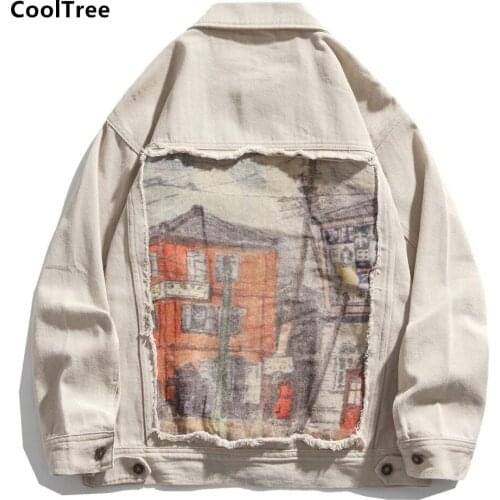 CoolTree Men Women Denim Jacket Spring Autumn House Print Casual Jeans Coats Couples Harajuku Hip Hop Denim Outerwear Streetwear
