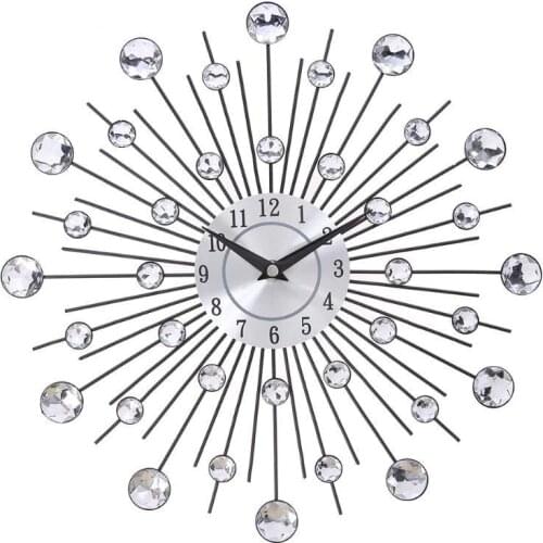 13-inch Silver Crystal Sunburst Metal Wall Clock Original Vintage Metal Home Decor Clock Crystal Iron Diamond-Studded Wall Clock