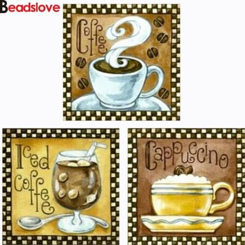 3 Piece set coffee diamond painting full drill mosaic kits diy handmade new diamond embroidery Still life cafe wall stickers