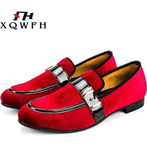 New Fashion Men Velvet Dress Shoes Mens Party and Wedding Handmade Loafers Gold Buckle Men' Flats