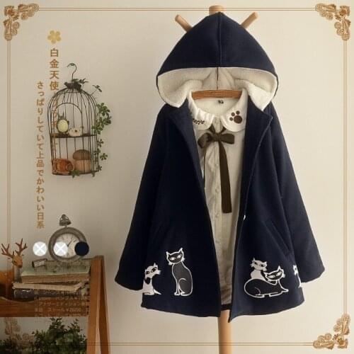Japanese mori girl new style kitten printing and flocking cloth coat female thickening hooded the an a - line shape female coats