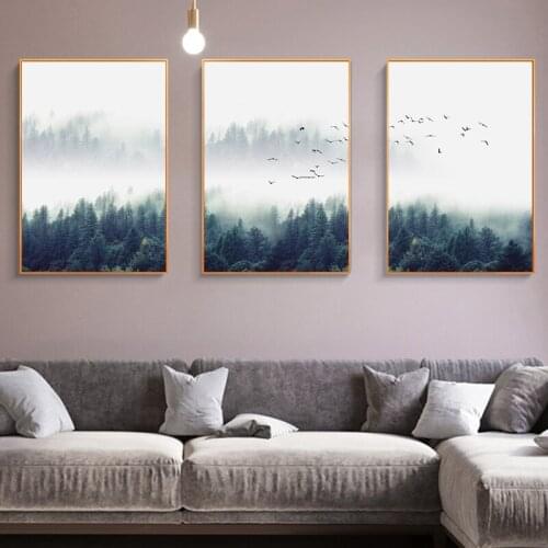 Grassland Forest Landscape Print Canvas Painting Foggy Forest and Birds Nordic Home Decor Wall Art Canvas Print Poster and Print