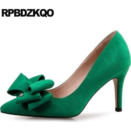 Size 4 34 Japanese Lavender Pointed Toe Bow Footwear 2021 Thin High Heels Green Dress Shoes Women 12 44 Suede Plus 10 42 3 Inch