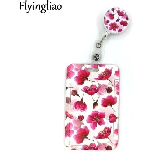Red Flowers Cute Card Cover Clip Lanyard Retractable Student Nurse Badge Reel Clips Cartoon ID Card Badge Holder accessories