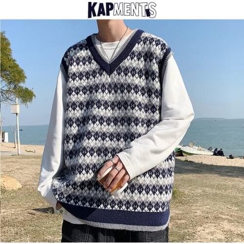 KAPMENTS Men Knitted Oversized Sweater Winter Vest 2021 Mens V-neck Korean Fashion Vintage Sweaters Male Harajuku Knit Blue Vest