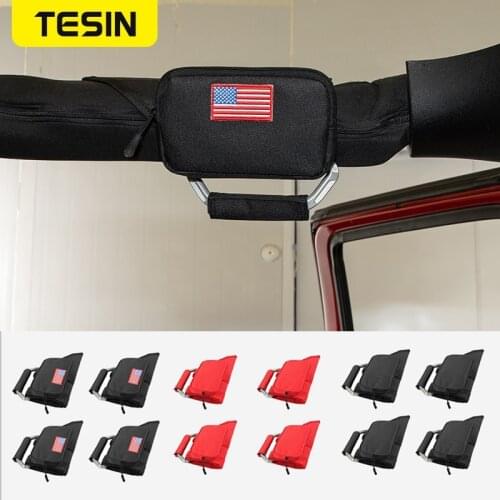 TESIN Car Styling Roll Bar Top Grab Handle Grip Handles Storage Bag for Jeep Wrangler CJ TJ JK JL Metal Car Interior Accessories