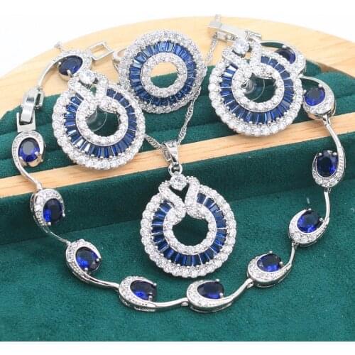 Exquisite Silver Jewelry Sets For Women Wedding Blue Zircon Bracelet Pierced Earrings Necklace pendant Ring Free Gift Box 4PCS