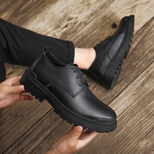 Spring Autumn Mens Casual Leather Shoes British Style Retro Trendy Thick Sole Rubber Non-slip Hard-Wearing Tooling Martins Shoes