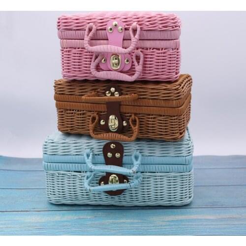 Vintage Rattan Woven Storage Case Makeup Holder Suitcase Sundries Organizer Box