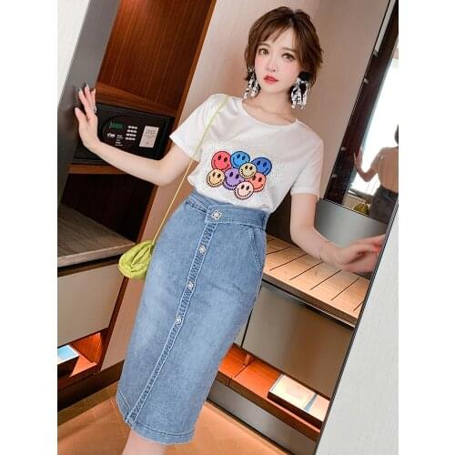 High waisted nail bead inlaid with diamond button tassel raw edge split denim skirt womens dress 2021 Spring new