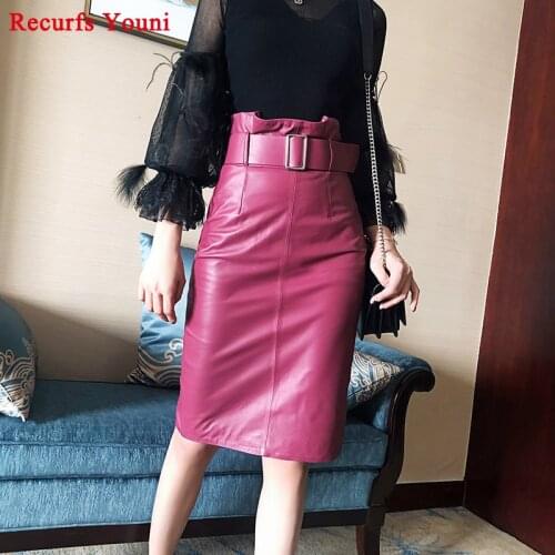 RYS8337 Women Winter Genuine Leather High Waist Pencil Skirt With Belt Female Fold Split Distress Purple/Blue/Black Long Jupe