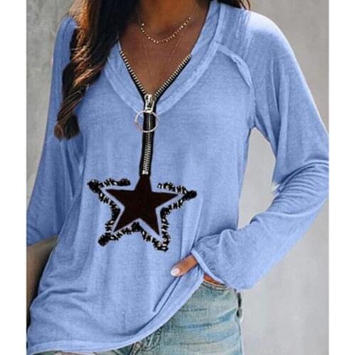 V-Neck Pullover Long Sleeve Tee Women Star Printed Zip T Shirts Top Clothing Casual Tops Loose T Shirt Autumn Tops 2021 New