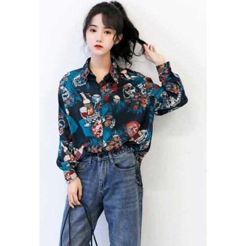 Fashion Vintage Lapel Shirt Women Personality Print Loose Blouse Girl Long Sleeve Tops and Blouses 2020