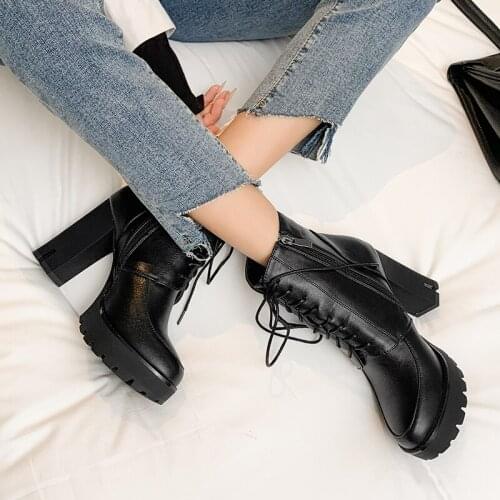 Platform high heel lace up womens boots Big Size 34-41 Female Autumn Boots Platform Thick High Heels Lace Up Zip Women Boots 39