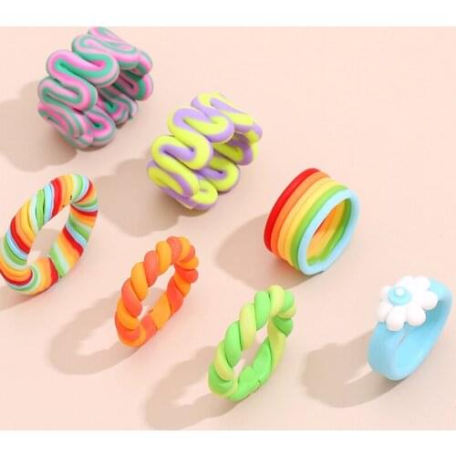 1PC Bohemia Colorful Stripe Geometric Wide Rings for Women Handmade Ceramic Clay 2021 Ins New Trendy Rings Jewlery Gifts