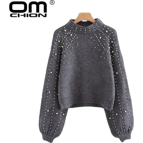 OMCHION Beading Women Sweaters And Pullovers 2021 Autumn Winter Half Turtleneck Lantern Sleeve Sweater Thick Warm Jumper LXM09