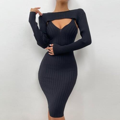 Wsevypo Chic Black Two-piece Knitted Dress Sets Women Ladies Suspender Wrap Bodycon Dress and Long Sleeve Crop Tops Smocks