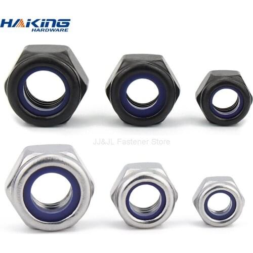 2/5/25pcs M2 M2.5 M3 M4 M5 M6 M8 M10 M12 M16 304 Stainless Steel Black Hex Nylon Insert Lock Nut Self-locking Nylock Nut Locknut