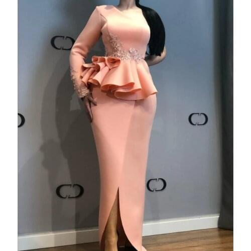 African Evening Dresses One Shoulder Lace Appliques Peplum Mermaid Prom Dress Front Split Satin Plus Size Party Gowns Vestidos