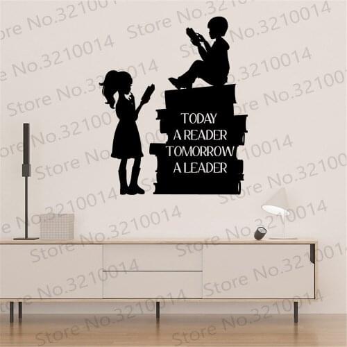 Boy Girl Reading Books Vinyl Wall Decal Decor Today A Reader Vinyl Sticker Quote for Schools Libraries Classroom Mural PW669