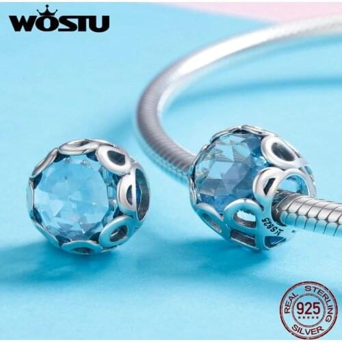 WOSTU Authentic 925 Sterling Silver Infinite Charm, Blue Crystal Beads Fit Original Brand Charm Bracelet DIY Jewelry Gift BKC755