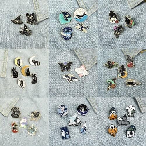 3-6pcs/set Gothic Space Punk Enamel Pin Custom Witch Cat Raven Moth Brooch Lapel Pin Badge Halloween Jewelry Gifts Wholesale