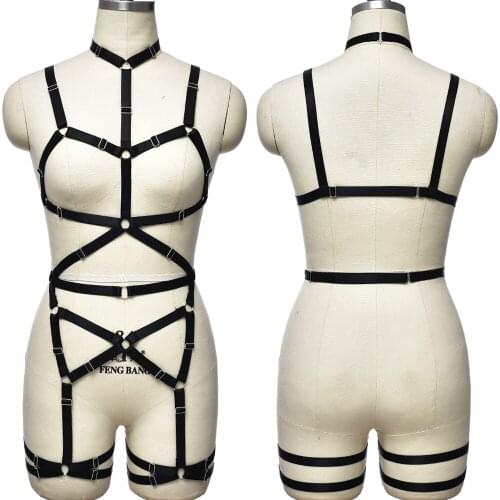 Goth Body Harness Set Black Bondage Body Cage Bra Hollow Bodysuit Adjustable Sexy Lingerie Punk G-string Harness Leg Garter