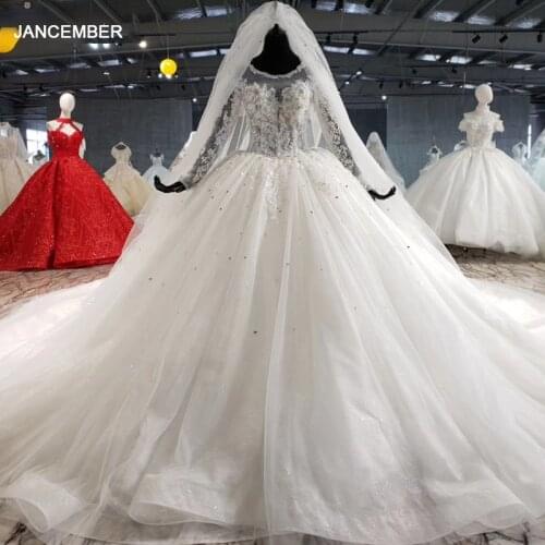 HTL1005 like white luxury wedding gowns in women 's dresses o-neck sequin lace long wedding dress with veil vestido de noiva