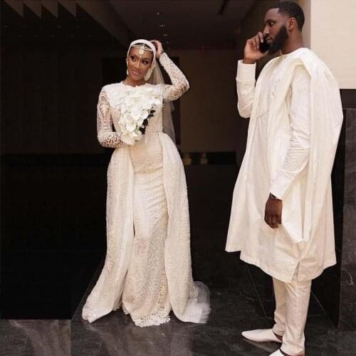 Graceful Full Lace Muslim Wedding Dresses With Detachable Train Beaded Long Sleeve Arabic Dubai Church Wedding Gowns African Nig