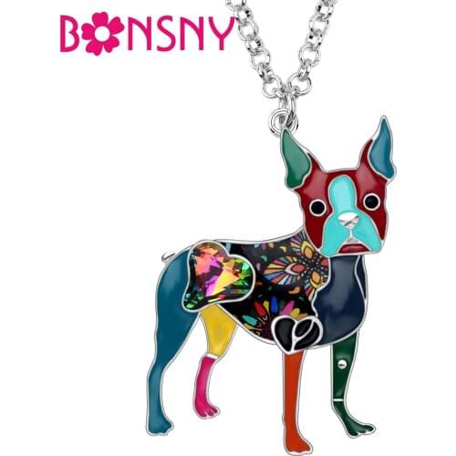 Bonsny Enamel Alloy Crystal Rhinestone Boston Terrier Dog Necklace Pendant Choker Animal Jewelry For Women Girl Gift Accessories