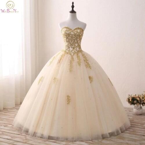 Gold Quinceanera Dresses Lace Appliques Beaded Ball Gown Sweet Strapless Vestidos de 15 Anos Envio Gratis Vestido De Princesa