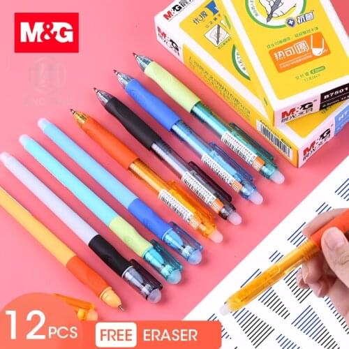 M&G 6/12/16pcs Ergonomic Erasable Pen 0.5mm Black Blue Capped/Retractable gel ink Pens with Eraser writes erases Refill