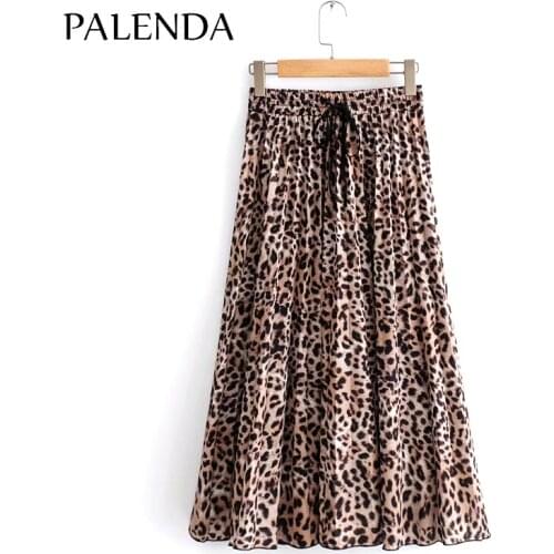 A-line fashion leanpard skirts Autumn New Chiffon Draw-rope Leopard-print Pleated Skirt-Half-length Skirt