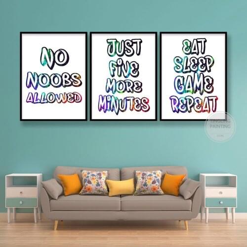 GAMER Wall Art QUOTES - No Noobs Allowed/Just Five More Minutes/Eat Sleep Game Repeat - Colourful GRAFFITI Canvas Poster