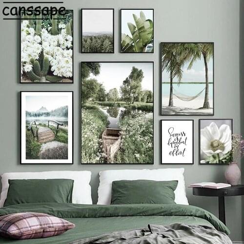 Flowers Plant Wall Poster Boat Lake Art Print Forest Canvas Painting Landscape Pictures Nordic Posters Living Room Home Decor