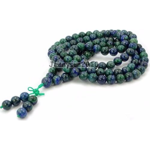Natural Lapis Chrysoco 10mm Gems Stone Buddhist 108 Beads Prayer Mala Long Necklace Multi-Purpose Bracelet Necklace 5Strand/Pack